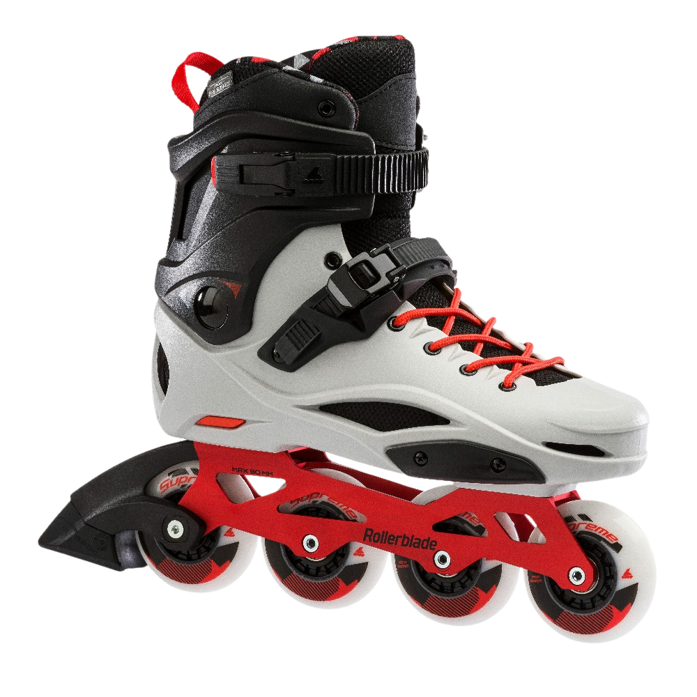 Black, white, and red inline skate on a white background