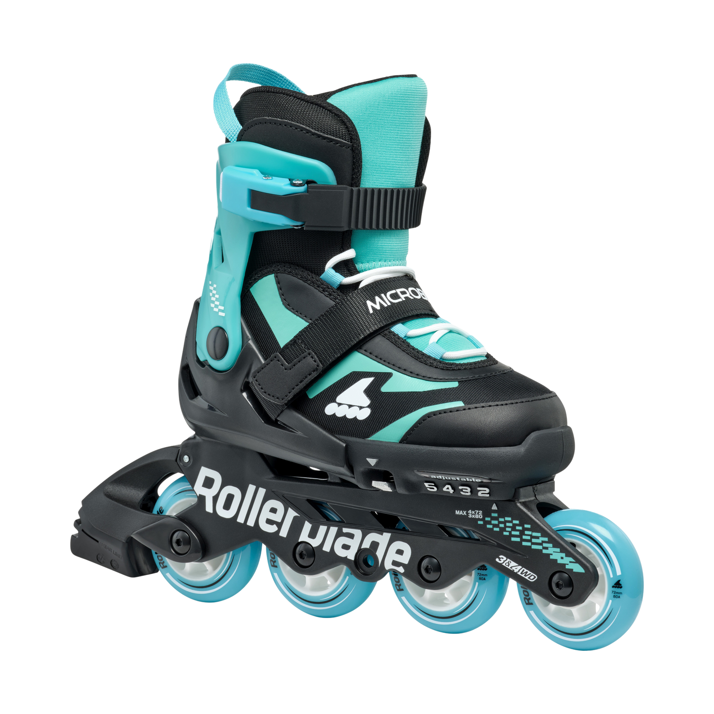 Black and turquoise inline skate with visible branding on a white background