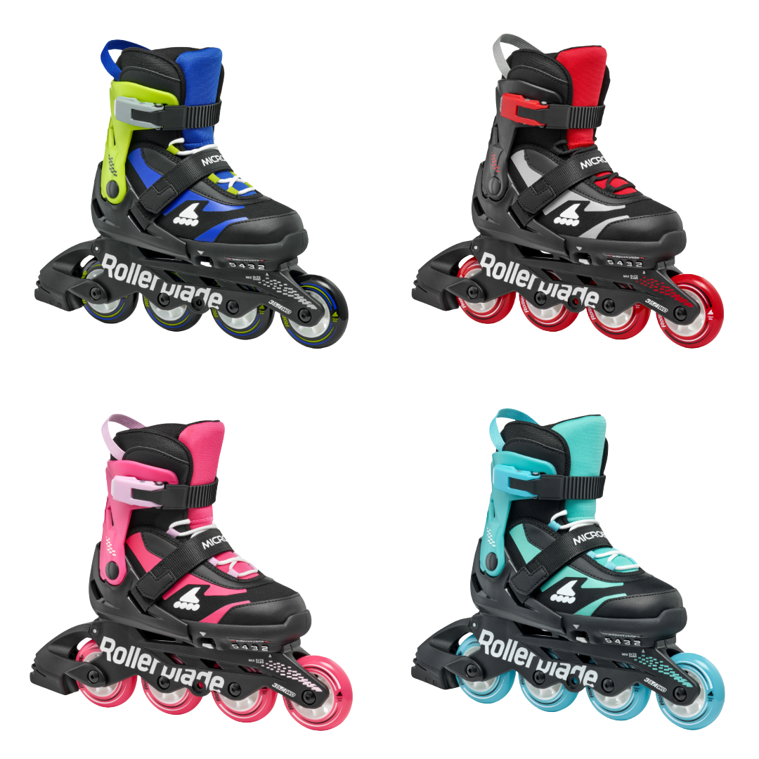 Four pairs of colorful inline skates with Rollerblade branding on a white background.