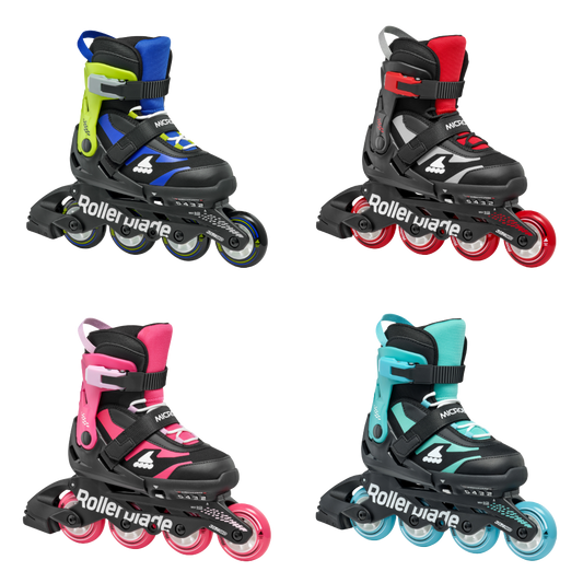 Four pairs of colorful inline skates with Rollerblade branding on a white background.
